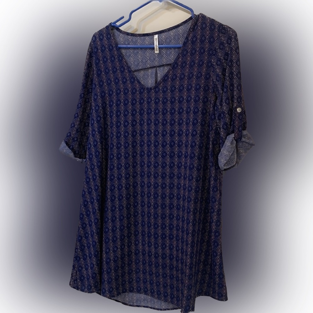 Women’s Mittoshop Navy Geometric Hi-Low 3/4 Sleeve Tunic Top/Dress